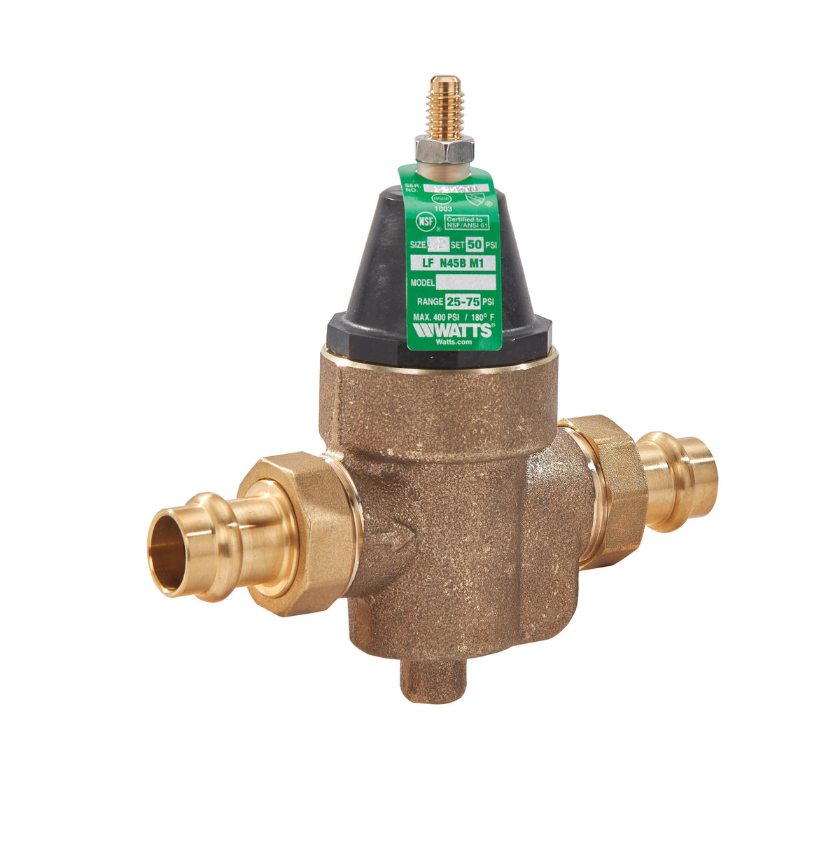 WATTS® 88006878 LFN45B Standard Water Pressure Reducing Valves, 1 in Nominal, Double Union Press End Style, 25 to 75 psi Pressure, Cast Copper Silicon Alloy Body