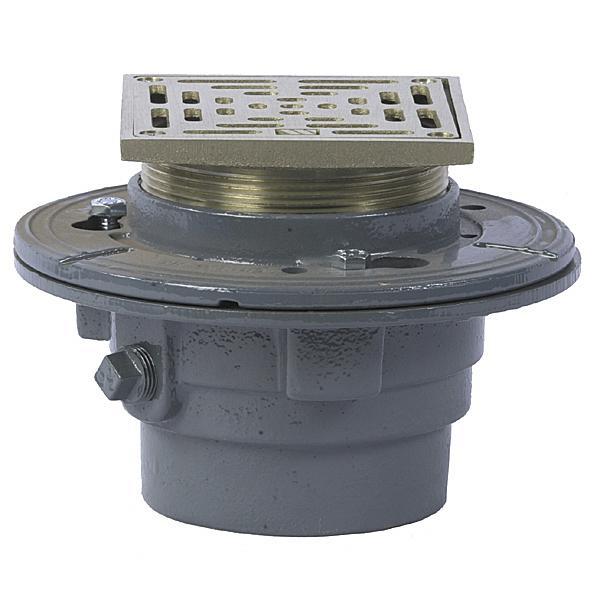 WATTS® FD-102-M5 FD-100-M Floor Drain With Nickel Bronze Square Strainer, 2 in Outlet, No-Hub Connection, 5 in Nickel Bronze Grid, Cast Iron Drain, Import