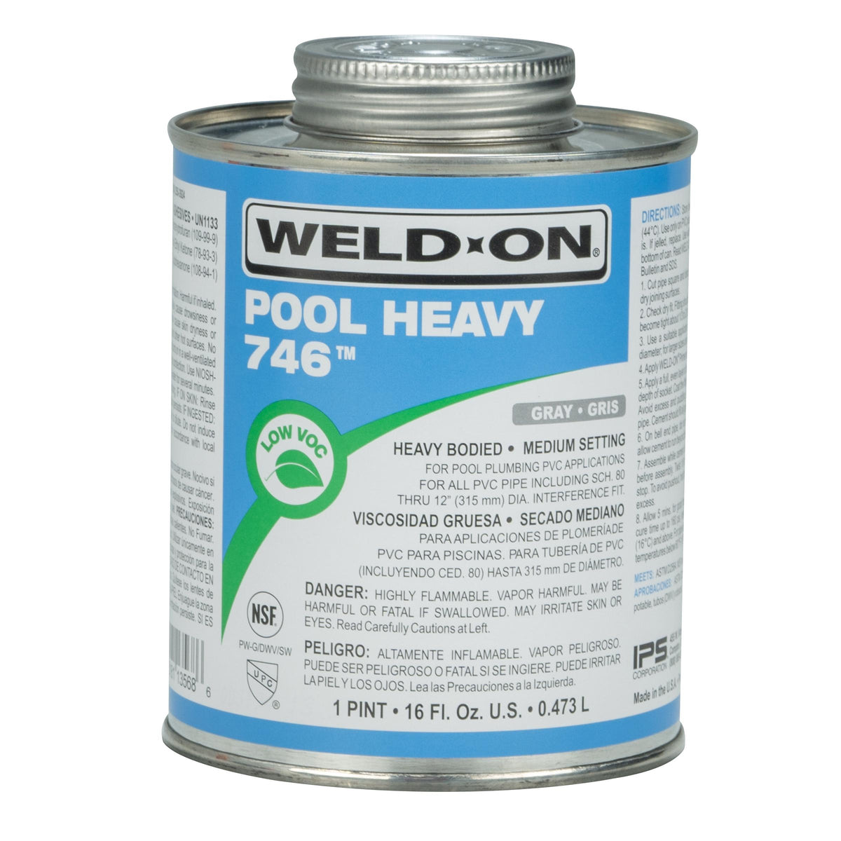 Weld-On® 13568 746 Pool Low VOC Heavy Body Plastic Cement, 1 pt Container, Gray, For Use With PVC Plastic Pipe