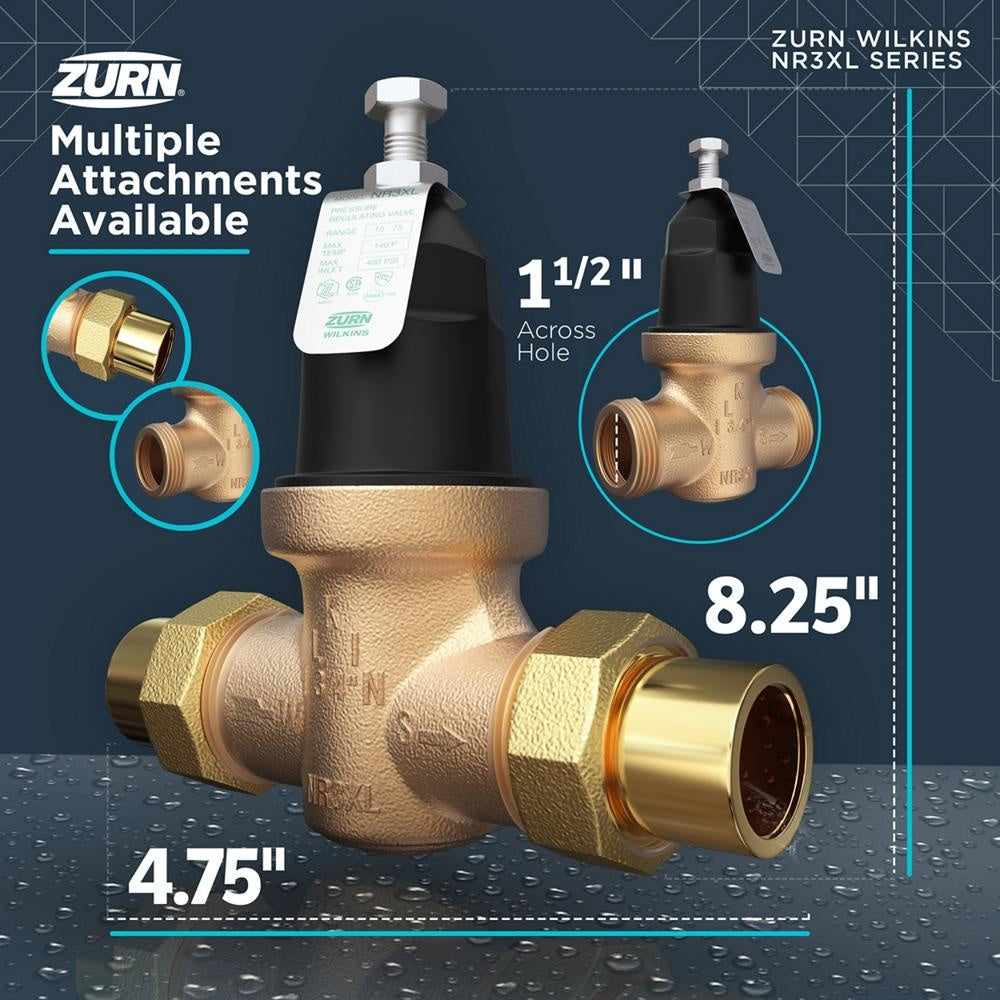 Zurn® Wilkins 112-NR3XL NR3XL Pressure Reducing Valve With Integral By-Pass Check Valve and Strainer, 1-1/2 in Nominal, FNPT Union x FNPT End Style, 300 psi Pressure, Cast Bronze Body, Import