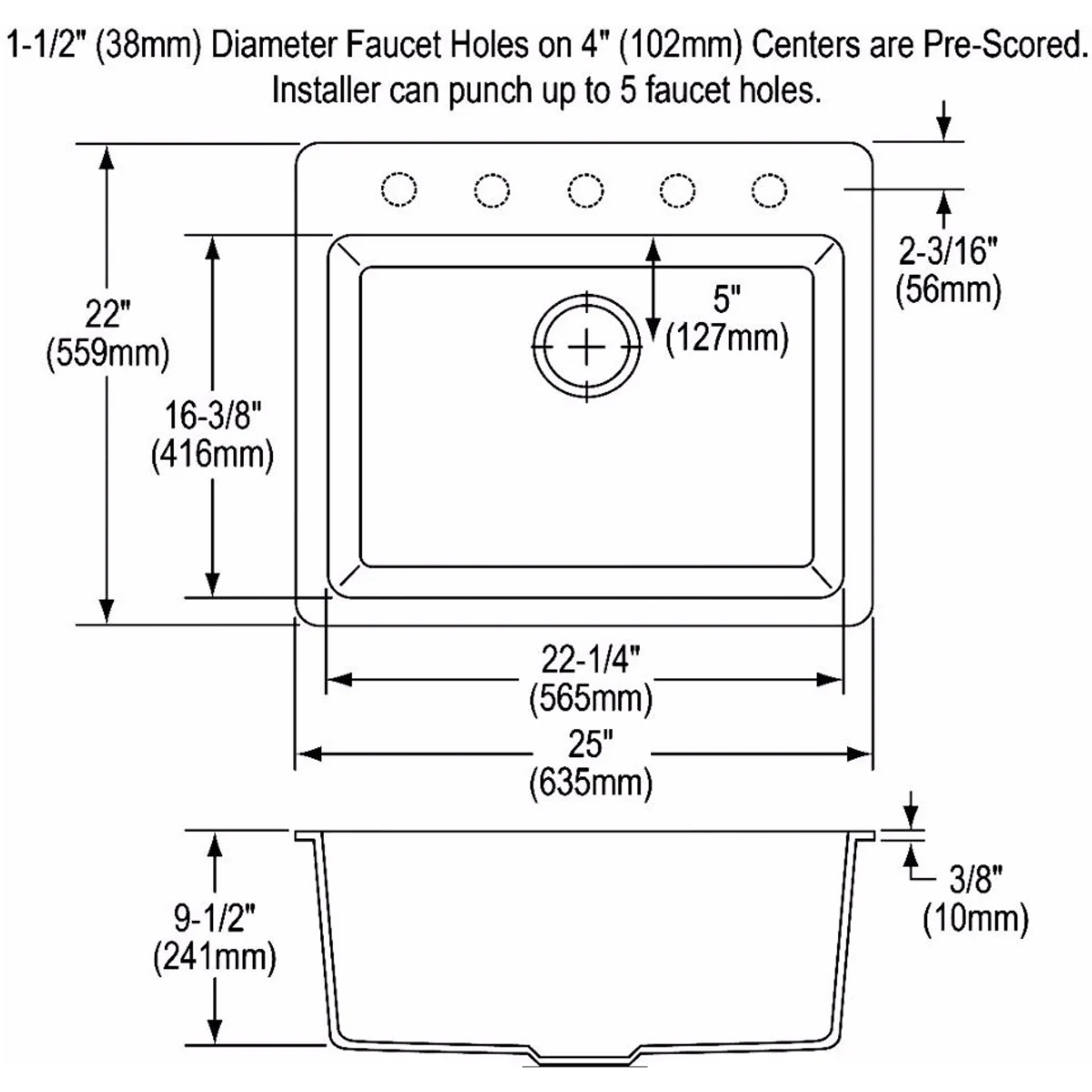 25 Inch Drop-In Sink with E-Granite Construction - Mocha