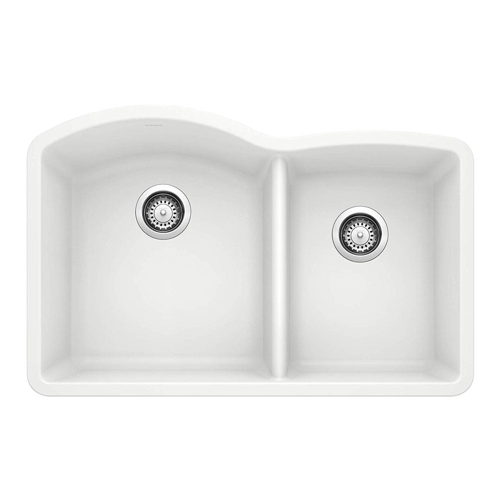 White DIAMOND SILGRANIT 60/40 Double Bowl Undermount Kitchen Sink, 32" X 21"