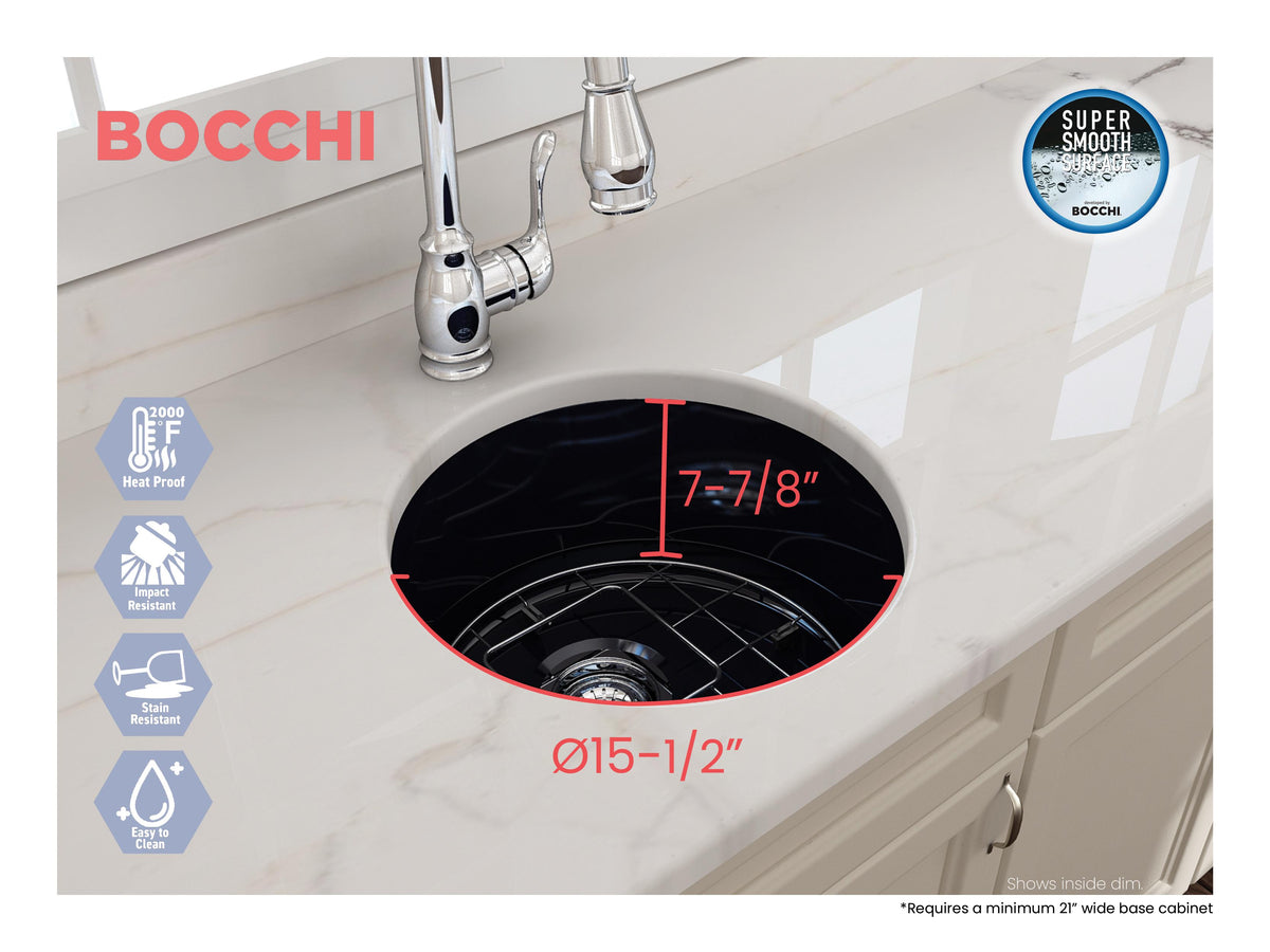 BOCCHI 1361-010-0120 Sotto Modern Bar Sink, Round Shape, 9 in H x 18 1/2 in W x 18 1/2 in L, Dual Mounting, Fireclay, Sapphire Blue, Import