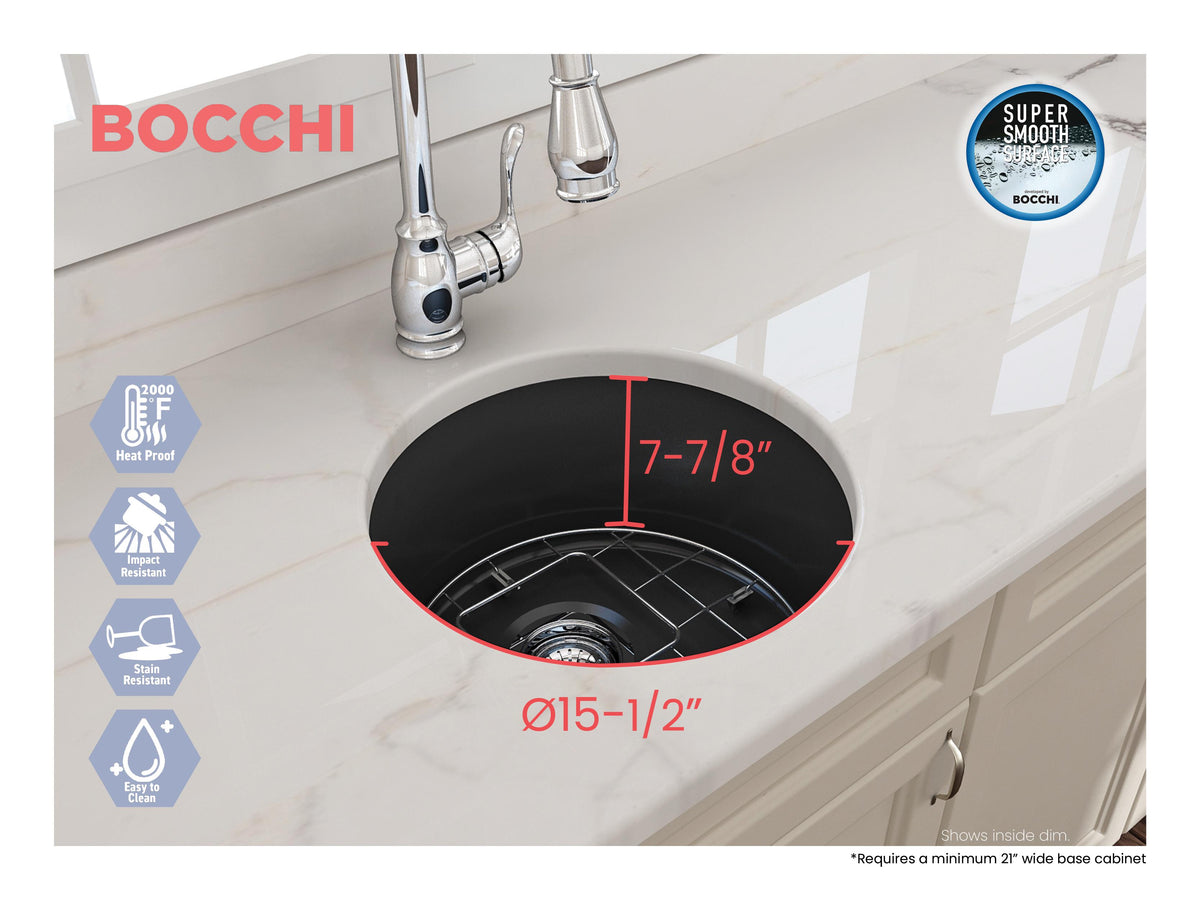 BOCCHI 1361-020-0120 Sotto Modern Bar Sink, Round Shape, 9 in H x 18 1/2 in W x 18 1/2 in L, Dual Mounting, Fireclay, Matte Dark Gray, Import