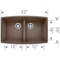 Blanco 440070 PERFORMA™ SILGRANIT® II Equal Double Bowl Composite Sink, Biscuit, Rectangle Shape, 15 in Left, 15 in Right L x 18 in Left, 18 in Right W Bowl x 10 in Left, 10 in Right D Bowl, 33 in L x 20 in W, Undermount Mounting, Granite