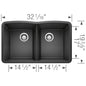 Blanco 440186 DIAMOND™ SILGRANIT® II Equal Double Bowl Composite Sink, Biscuit, Rectangle Shape, 14-1/2 in Left, 14-1/2 in Right L x 17 in Left, 17 in Right W Bowl x 9-1/2 in Left, 9-1/2 in Right D Bowl, 32 in L x 19-1/4 in W, Undermount Mounting, Granite