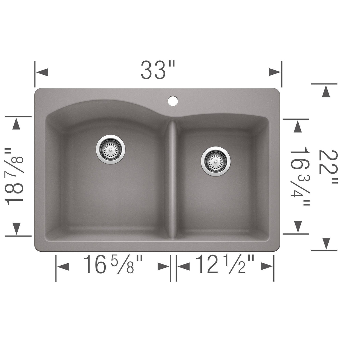 Blanco 440217 DIAMOND™ SILGRANIT® 1-3/4 Bowl Dual Mount Kitchen Sink, D-Shaped Shape, 1 Faucet Holes, 33 in W x 22 in H, Drop-In/Undermount Mounting, Granite, Biscuit, Import