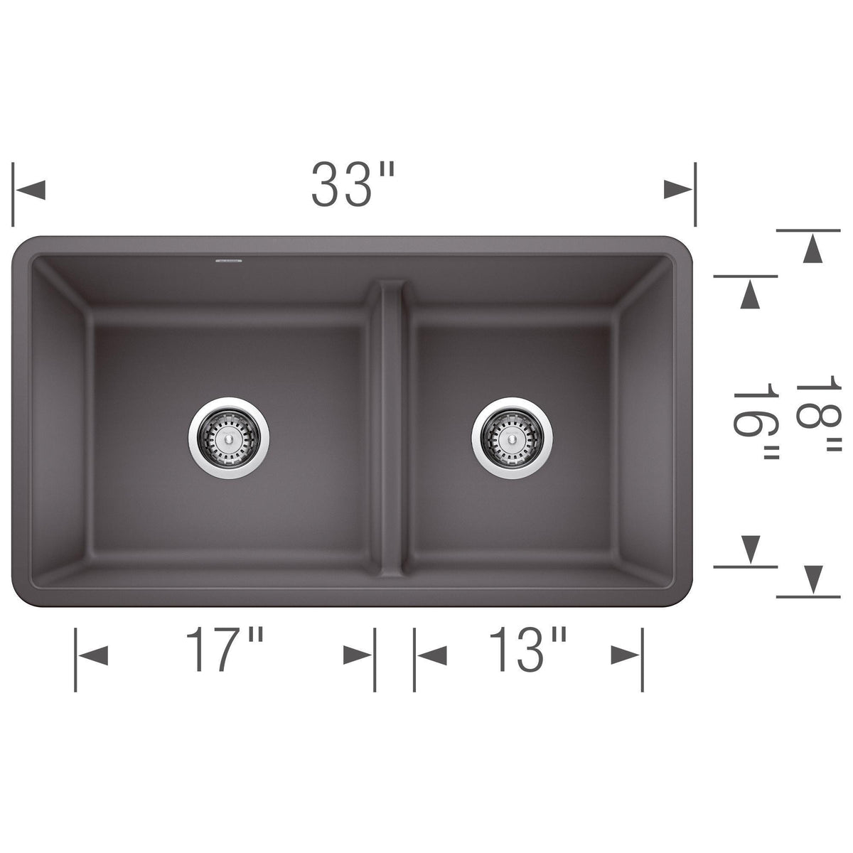 Blanco 442526 PRECIS™ SILGRANIT® Low Divide 1-3/4 Bowl Composite Sink, Biscuit, Rectangle Shape, 17 in Left, 13 in Right L x 16 in Left, 16 in Right W Bowl x 9-1/2 in Left, 9-1/2 in Right D Bowl, 33 in L x 18 in W, Undermount Mounting, Granite