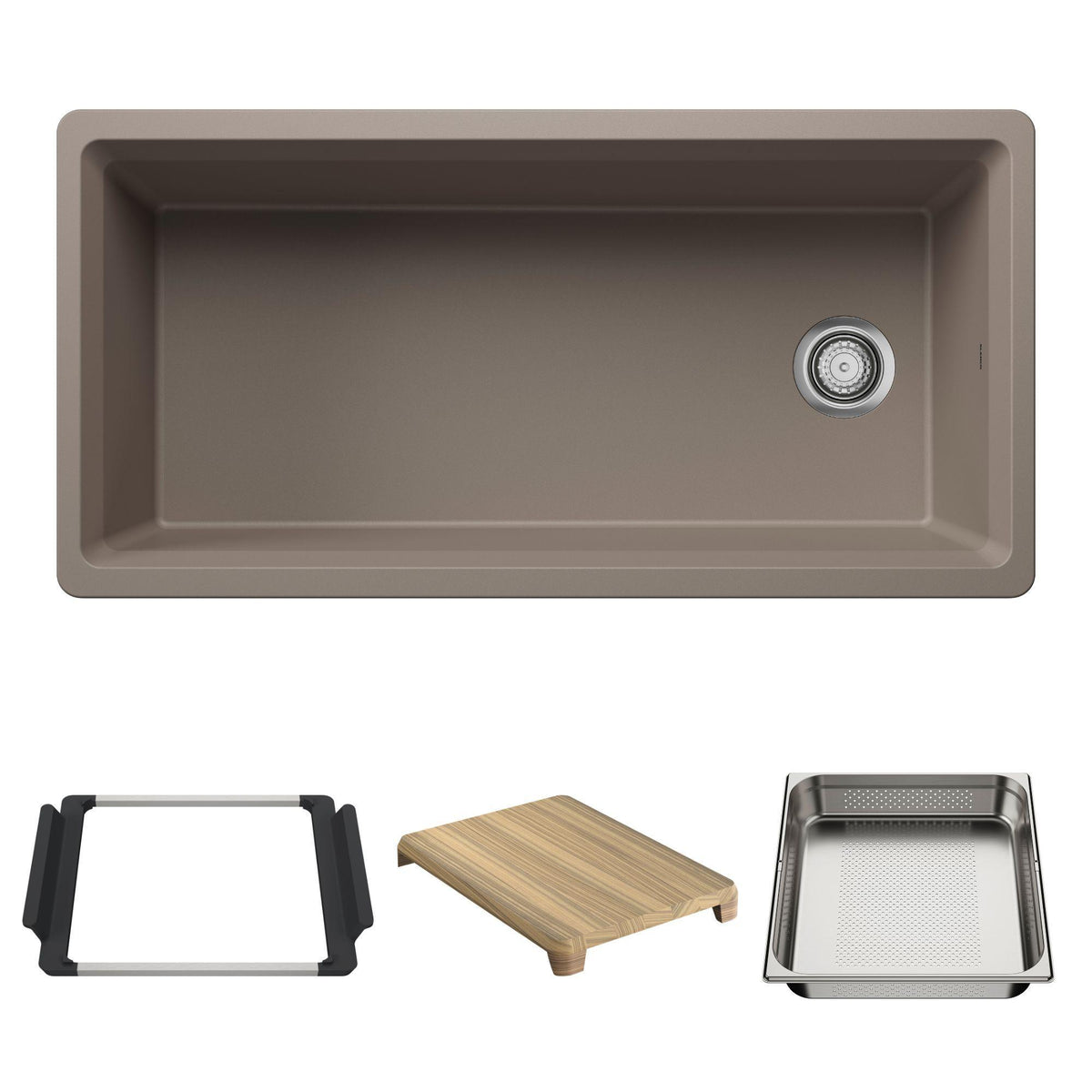 Blanco 443323 Inteos Single Bowl Kitchen Sink, Truffle, Rectangle Shape, 35.75 in L x 15.75 in W Bowl x 9 in D Bowl, 39 in L x 19.5 in W, Undermount Mounting, Silgranit