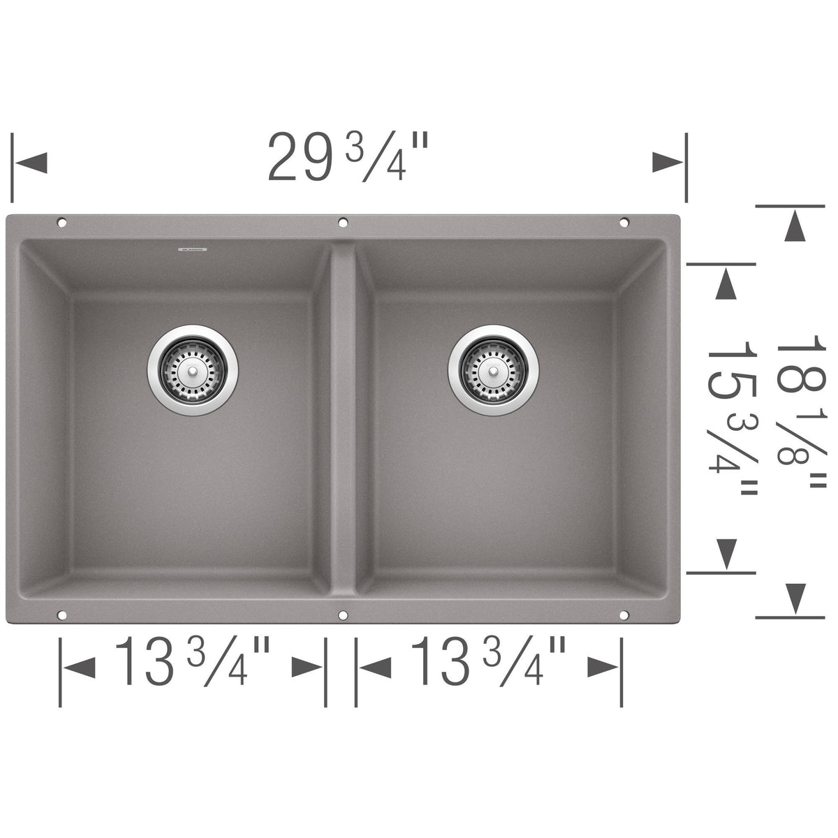 Blanco 516321 PRECIS™ SILGRANIT® II Equal Double Bowl Composite Sink, Biscuit, Rectangle Shape, 13-3/4 in Left, 13-3/4 in Right L x 15-3/4 in Left, 15-3/4 in Right W Bowl x 8 in Left, 8 in Right D Bowl, 29-3/4 in L x 18-1/8 in W, Undermount Mounting