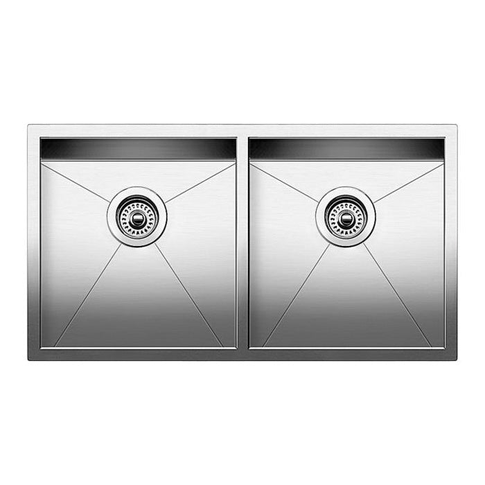 Blanco 518170 Quatrus™ Kitchen Sink, Polished Satin, Rectangle Shape, 14-1/2 in Left, 14-1/2 in Right L x 16 in Left, 16 in Right W Bowl x 9 in Left, 9 in Right D Bowl, 32 in L x 18 in W, Undermount Mounting, 18 ga 304 Stainless Steel