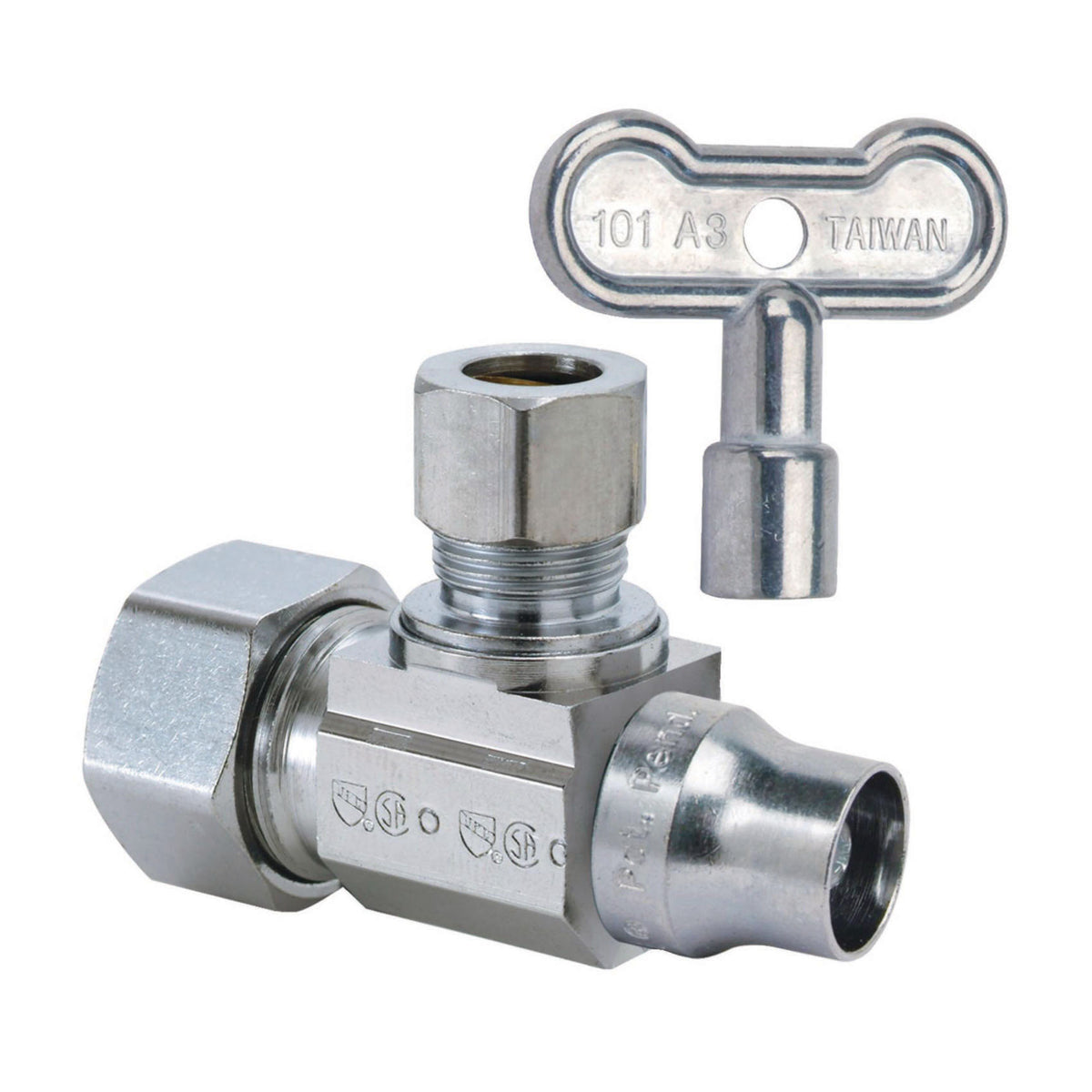 BrassCraft® KTSCR19X C KT™ 1/4 Turn Angle Ball Stop, 1/2 x 3/8 in Nominal, Compression, 125 psi, Brass Body, Polished Chrome, Domestic