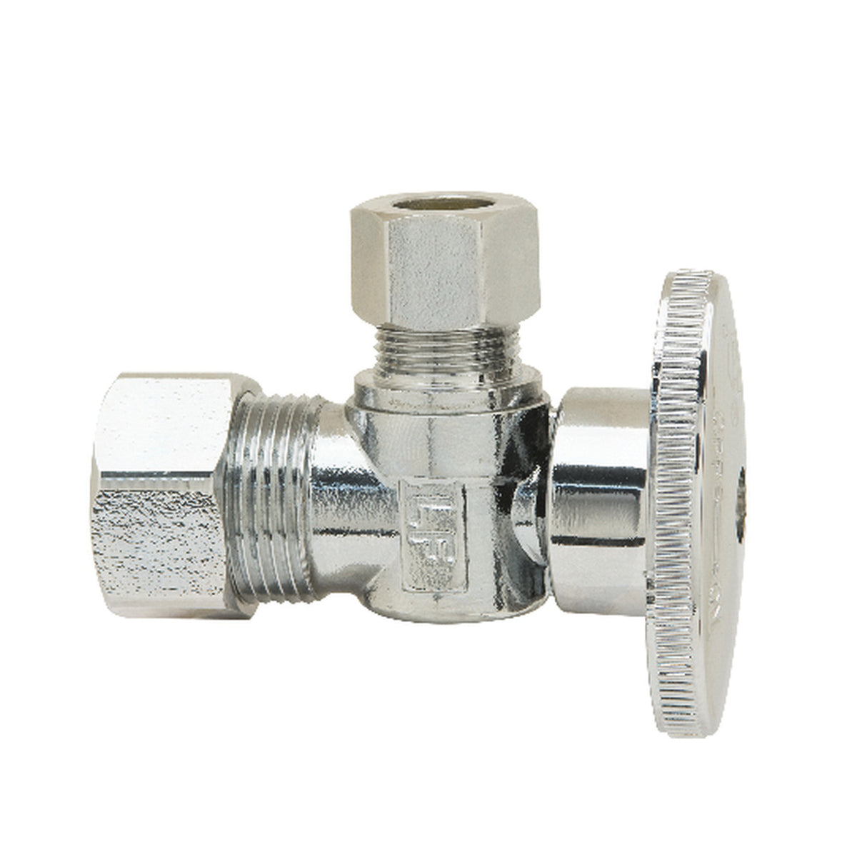 PlumbShop® RELIABLE VALUE™ PLB100X B Angle Style Quarter-Turn Supply Ball Stop, 1/2 x 3/8 in Nominal, Compression, 125 psi, Brass Body, Polished Chrome