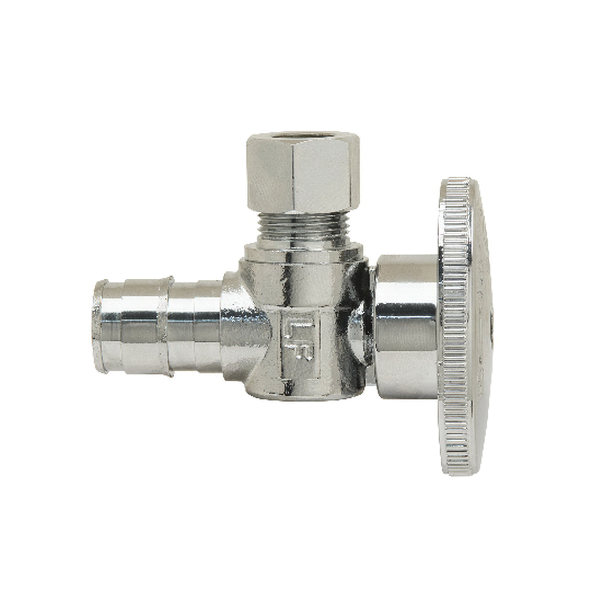 PlumbShop® RELIABLE VALUE™ PLB107X P Angle Style Quarter-Turn Supply Ball Stop, 1/2 x 3/8 in Nominal, Expansion PEX x Compression, 125 psi, Brass Body, Polished Chrome