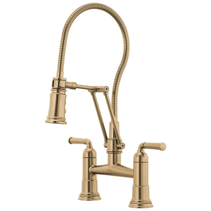 Brizo® Rook® Articulating Bridge Faucet With Finished Hose, Commercial, 1.8 gpm Flow Rate, 8 in Center, 360 deg Swivel Spout, 2 Handles, Domestic