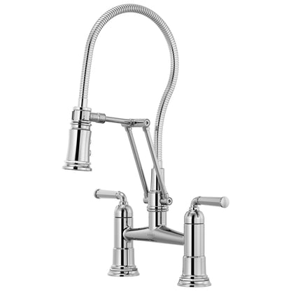 Brizo® Rook® Articulating Bridge Faucet With Finished Hose, Commercial, 1.8 gpm Flow Rate, 8 in Center, 360 deg Swivel Spout, 2 Handles, Domestic