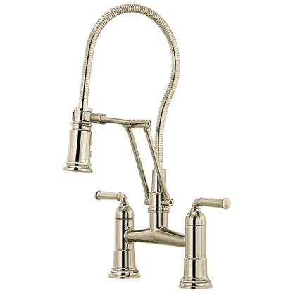 Brizo® Rook® Articulating Bridge Faucet With Finished Hose, Commercial, 1.8 gpm Flow Rate, 8 in Center, 360 deg Swivel Spout, 2 Handles, Domestic
