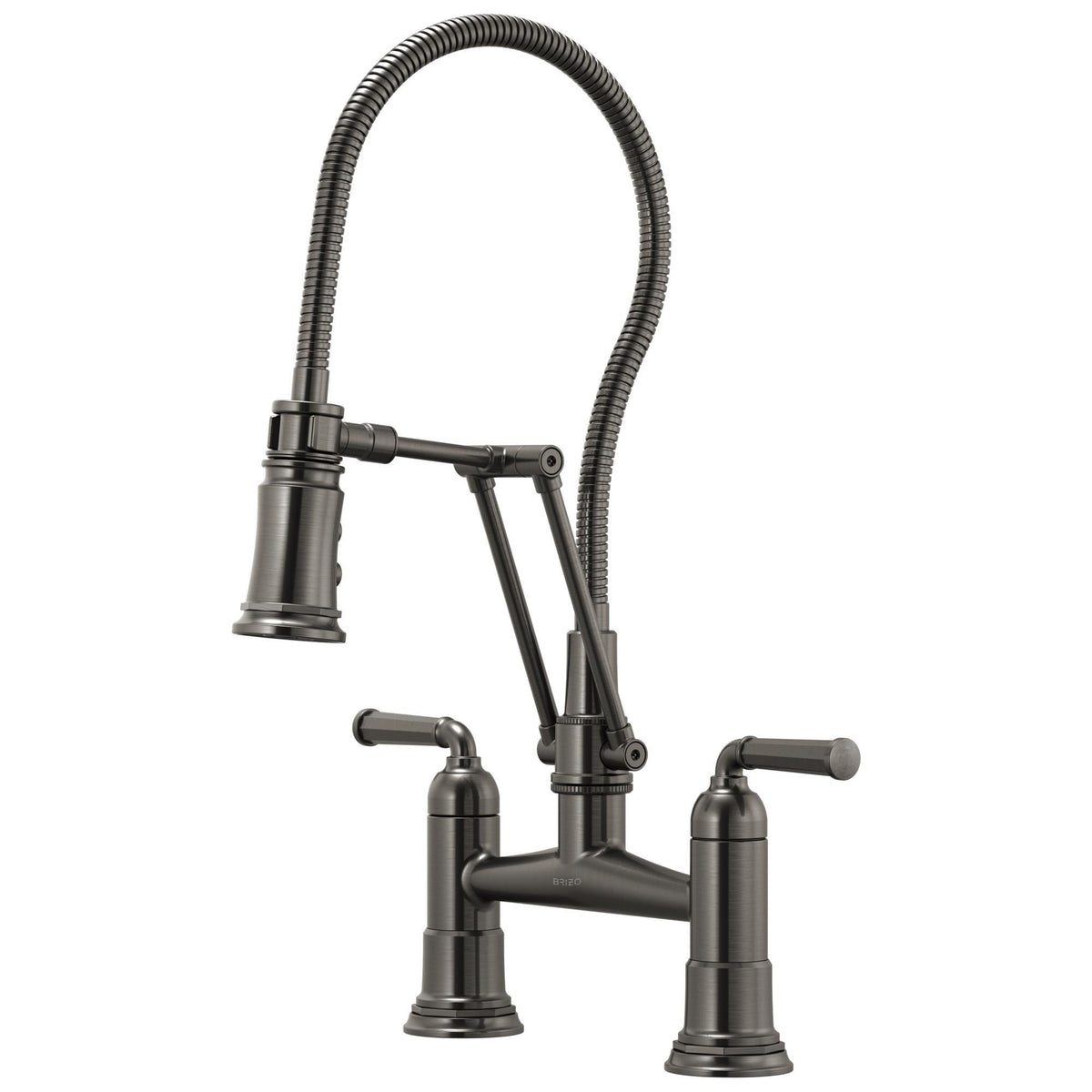 Brizo® Rook® Articulating Bridge Faucet With Finished Hose, Commercial, 1.8 gpm Flow Rate, 8 in Center, 360 deg Swivel Spout, 2 Handles, Domestic