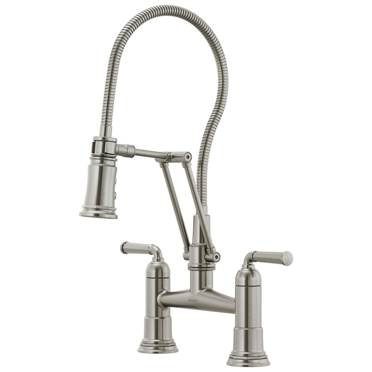 Brizo® Rook® Articulating Bridge Faucet With Finished Hose, Commercial, 1.8 gpm Flow Rate, 8 in Center, 360 deg Swivel Spout, 2 Handles, Domestic