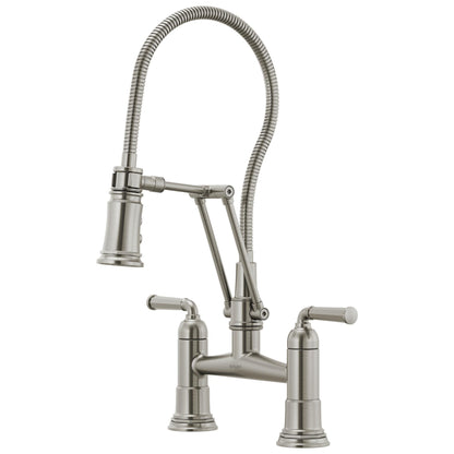 Brizo® Rook® Articulating Bridge Faucet With Finished Hose, Commercial, 1.8 gpm Flow Rate, 8 in Center, 360 deg Swivel Spout, 2 Handles, Domestic