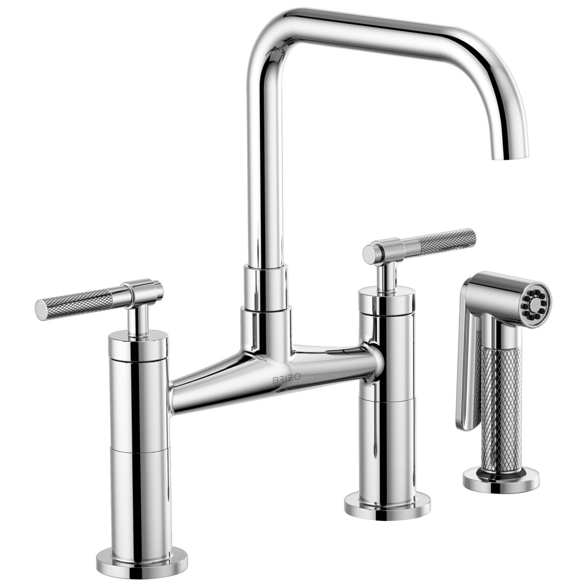 Brizo® 62553LF-PC Litze™ Widespread Bridge Kitchen Faucet With Matching Side Spray, 1.8 gpm Flow Rate, 8 in Center, Square Spout, Polished Chrome, 2 Handles
