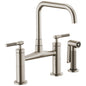 Brizo® 62553LF-SS Litze™ Widespread Bridge Kitchen Faucet With Matching Side Spray, 1.8 gpm Flow Rate, 8 in Center, Square Spout, Stainless Steel, 2 Handles