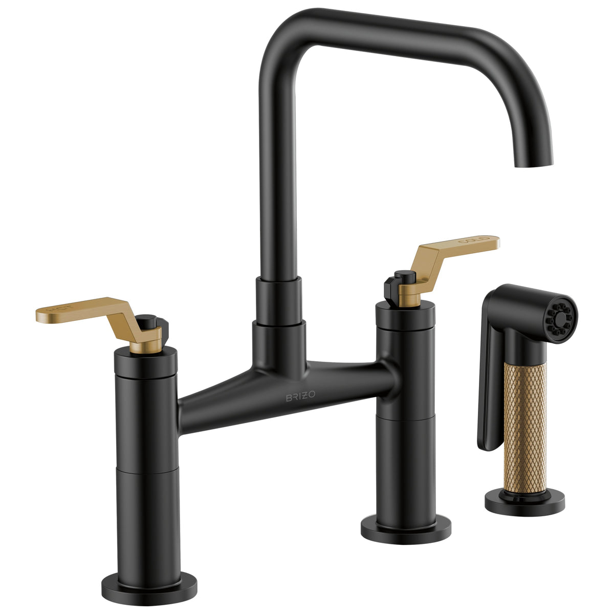 Brizo® 62554LF-BLGL Litze™ Widespread Bridge Kitchen Faucet With Matching Side Spray, 1.8 gpm Flow Rate, 8 in Center, Square Spout, Matte Black/Luxe Gold, 2 Handles
