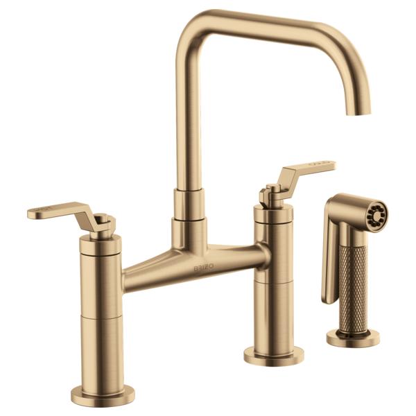 Brizo® 62554LF-GL Widespread Bridge Kitchen Faucet With Matching Side Spray, 1.8 gpm, 8 in Center, Square Spout, Luxe Gold, 2 Handles, Side Spray(Y/N): Yes