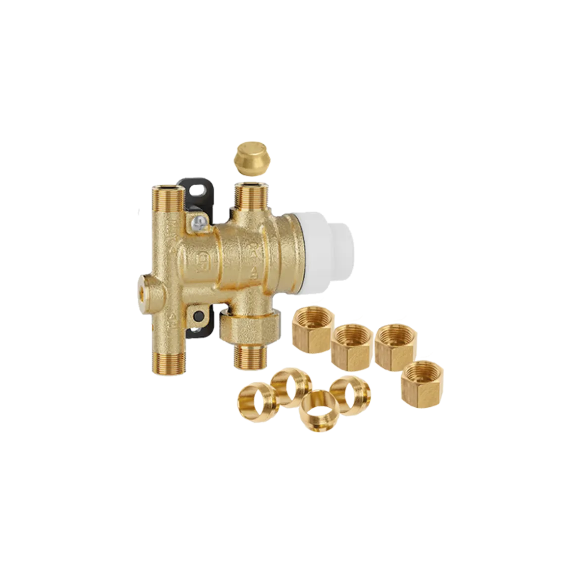 Caleffi 521201A 5212 4-Port Scald Protection Point-of-Use Mixing Valve, 3/8 in Nominal, Compression End Style, 150 psi Pressure, 0.35 to 2.3 gpm Flow, Brass Body