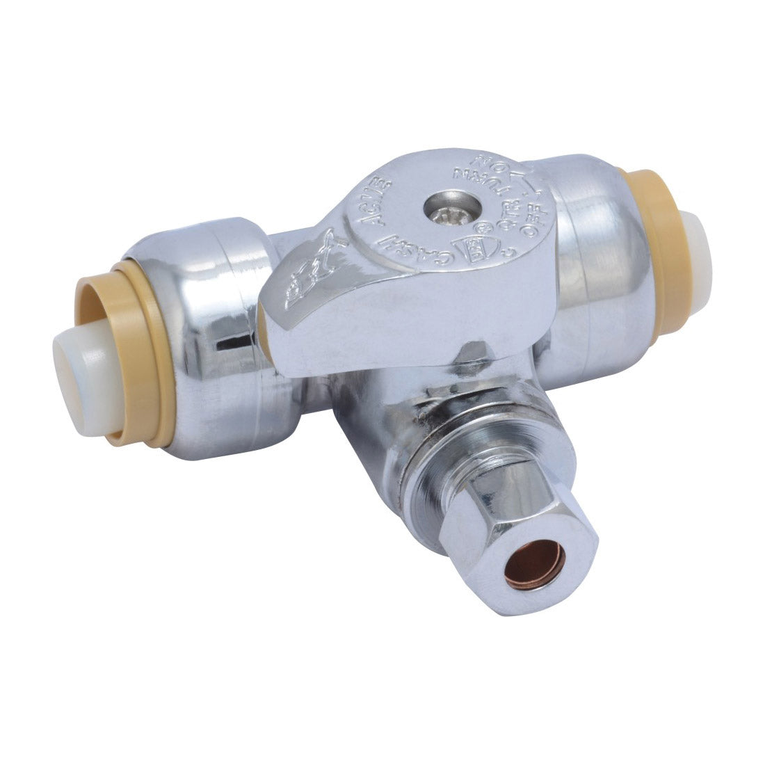 Sharkbite® 24987 1/4 Turn Tee Stop, 1/2 x 1/2 x 1/4 in Nominal, Push-Fit x Push-Fit x Compression End Style, 200 psi Pressure, Brass Body, Import