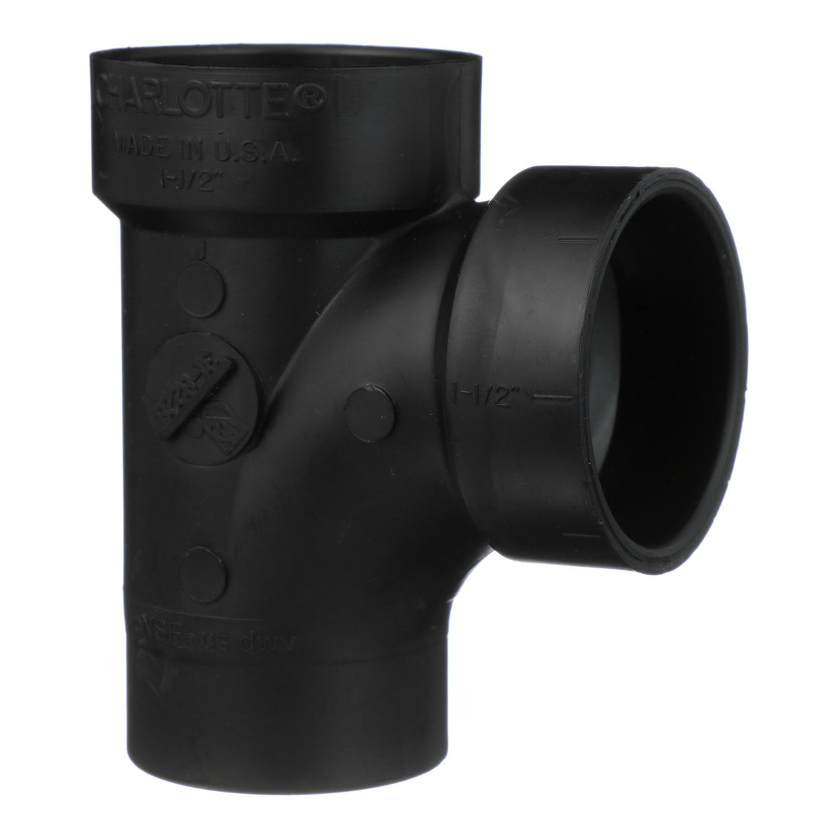 Charlotte ABS 00403 0600 Sanitary Street Tee, 1-1/2 in Nominal, Spigot x Hub x Hub End Style, SCH 40/STD, ABS, Domestic