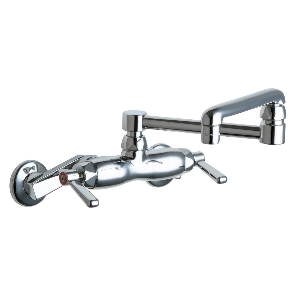 Chicago Faucet® 445-DJ13ABCP Hot and Cold Water Sink Faucet, Commercial, 2.2 gpm Flow Rate, 8 in Center, Double Jointed Swivel Spout, Polished Chrome, 2 Handles