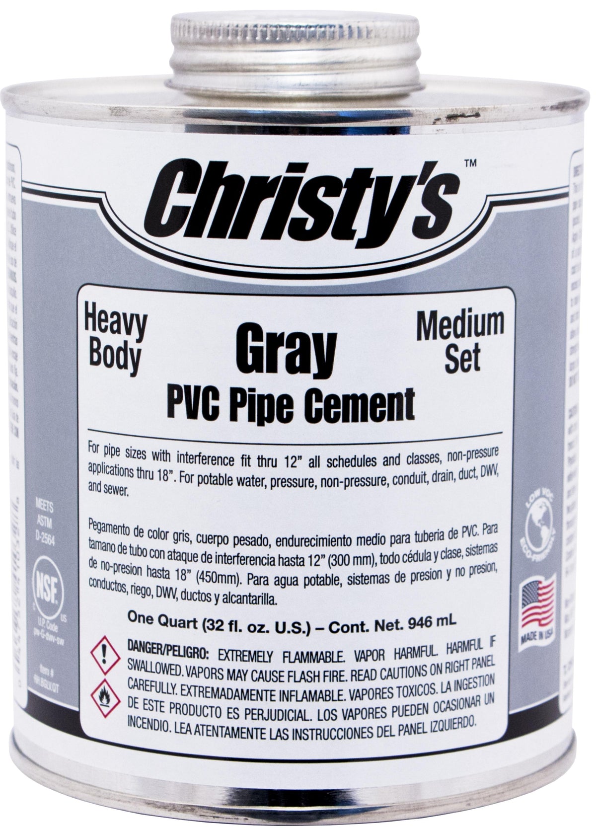 Christy's® 505068 Heavy Boided PVC Cement, Gray, For Use With PVC Plastic Pipe