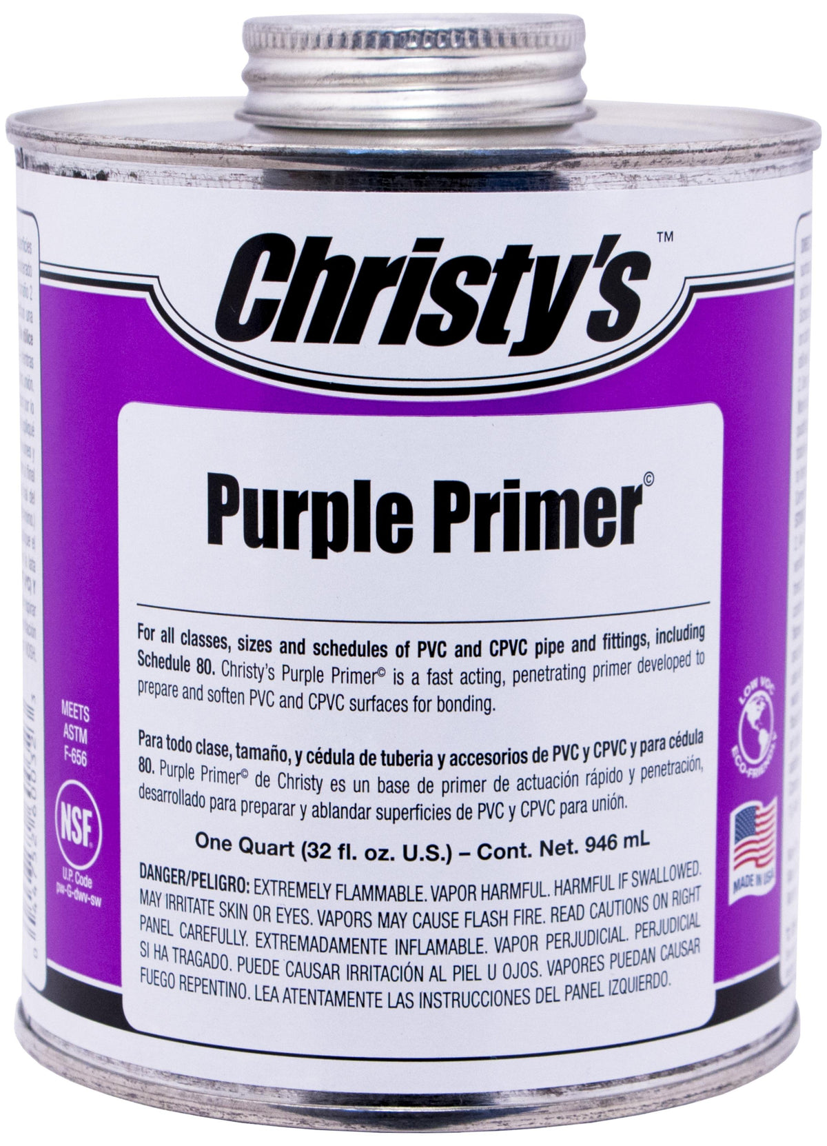Christy's® 505182 Low VOC Primer, For Use With All Types, Classes and Schedules of PVC and CPVC Pipe and Fittings, Purple, 1 qt Container