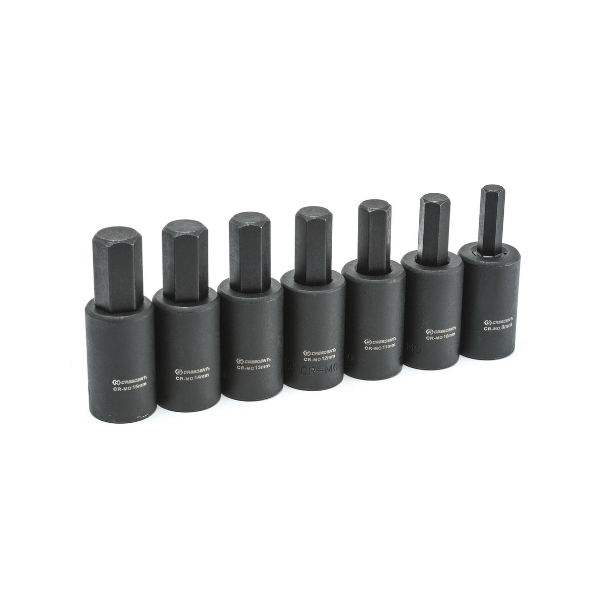 Crescent® CIMBS12 Socket Driver Bit Set, 8 to 15 mm Hex, 1/2 in Drive, 7 Pieces, Black Oxide, ASME B18.3.2M-1979