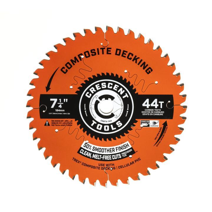 Crescent® CSBTX-744 Composite Decking Circular Saw Blade, 7-1/4 in Dia, 5/8 in Arbor, Stainless Steel Blade, 44 Teeth