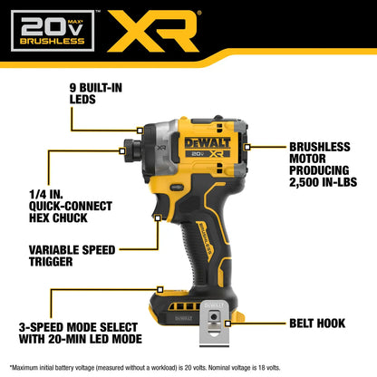 20V MAX* XR® Brushless Cordless 3-Speed High Torque 1/4-In. Impact Driver (Tool Only)