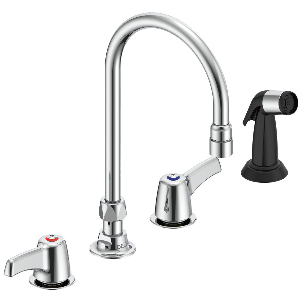 Commercial 27C1933 Sink Faucet With Hose, Commercial, 1.5 gpm Flow Rate, 8 in Center, Swivel Gooseneck Spout, Polished Chrome, 2 Handles, Import