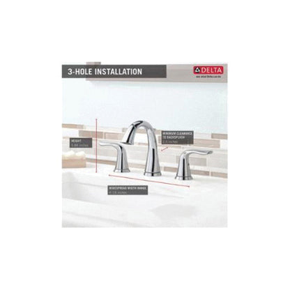 DELTA® Lahara® Widespread Lavatory Faucet, Commercial, 1.5 gpm Flow Rate, 3-5/8 in H Spout, 4 to 16 in Center, 2 Handles, Pop-Up Drain