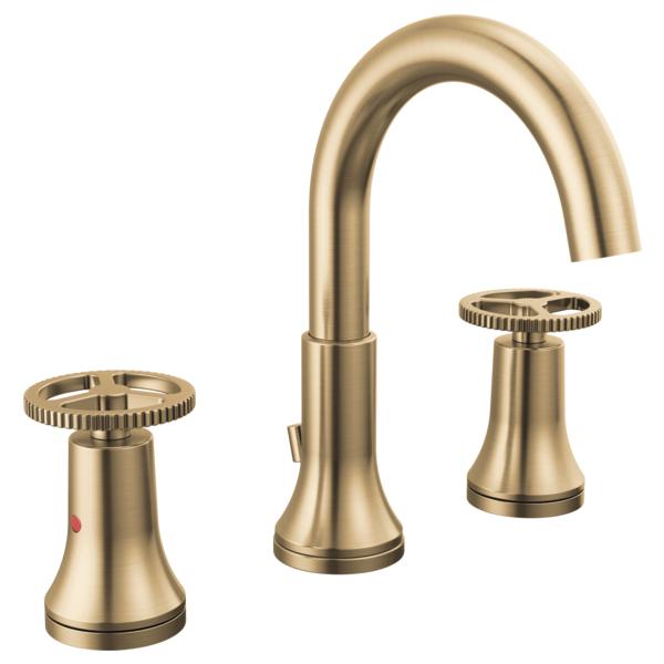 DELTA® 3558-CZMPU-DST Trinsic® Widespread Bathroom Faucet, Commercial/Residential, 1.2 gpm Flow Rate, 5-5/16 in H Spout, 4 to 16 in Center, Champagne Bronze, 2 Handles, Metal Push Pop-Up Drain