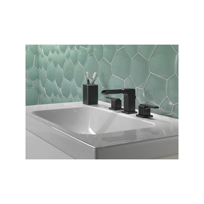 DELTA® Ara® Widespread Lavatory Faucet, Commercial, 1.5 gpm Flow Rate, 4-1/2 in H Spout, 4 to 16 in Center, 2 Handles, Pop-Up Drain, Domestic