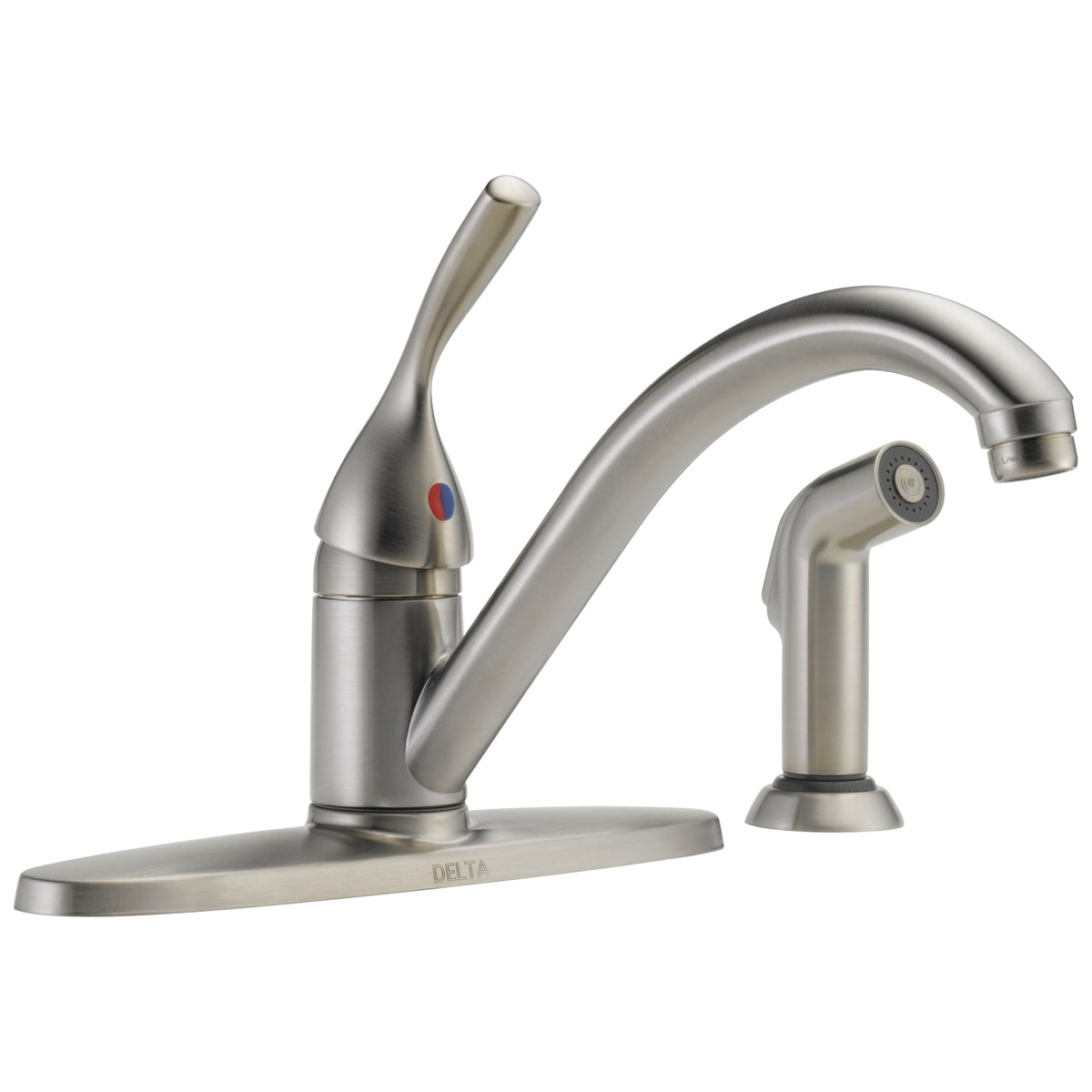 DELTA® 400-SS-DST Classic Kitchen Faucet, 1.8 gpm Flow Rate, 8 in Center, Swivel Spout, Stainless Steel, 1 Handles, Domestic