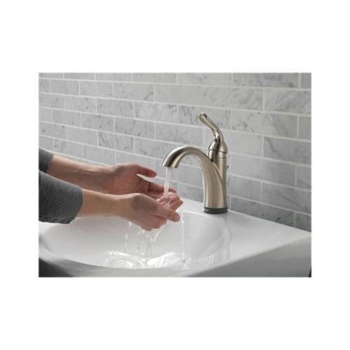 DELTA® 538T-SS-DST Lahara® Centerset Lavatory Faucet, Commercial, 1.2 gpm Flow Rate, 5 in H Spout, 1 Handles, Pop-Up Drain, 1/3 Faucet Holes, Stainless Steel, Function: Traditional