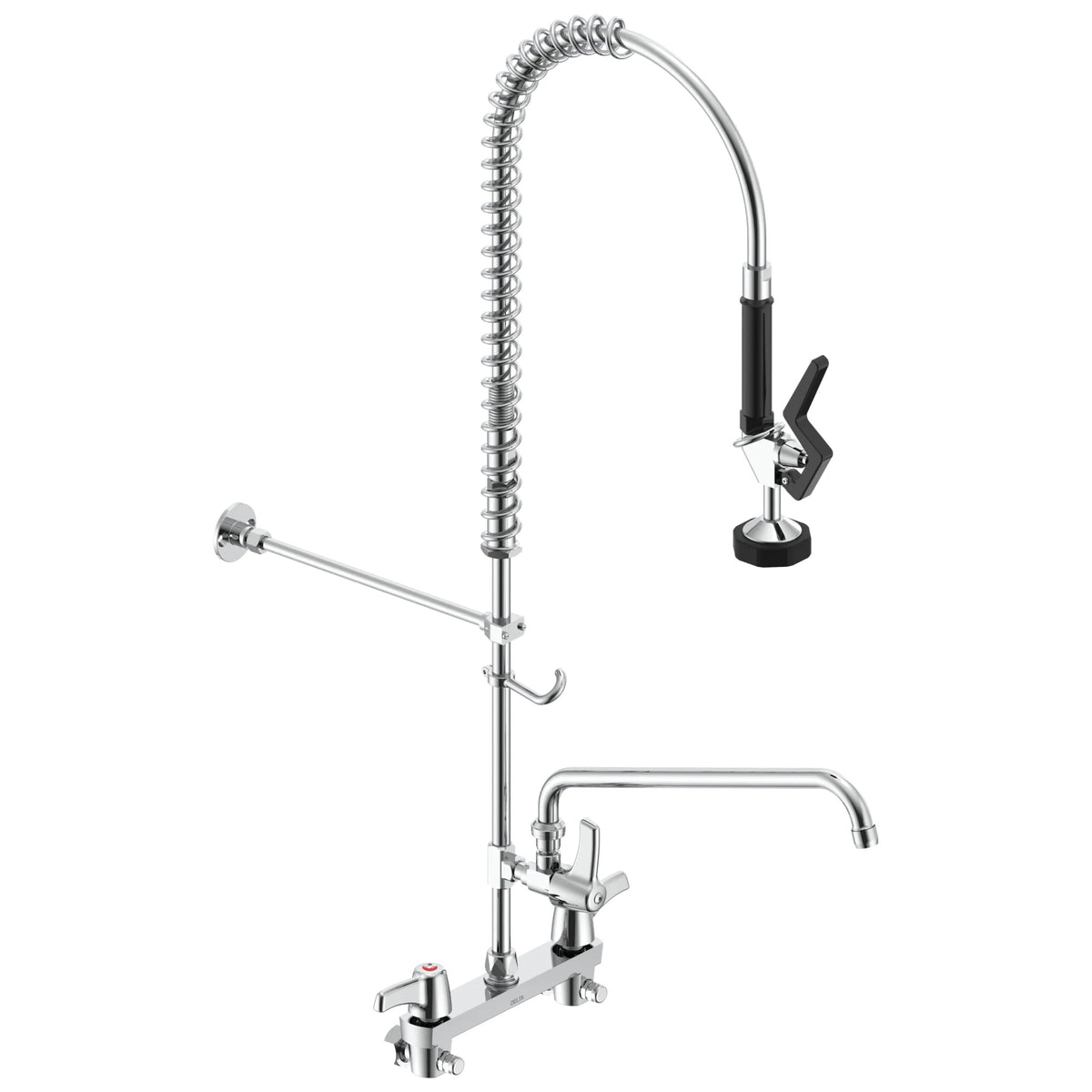 DELTA® 55C1583-S8 Pre-Rinse Faucet, Commercial, 1.6 gpm Flow Rate, 8 in Center, Swivel Tubular Spout, Polished Chrome, 2 Handles, Import
