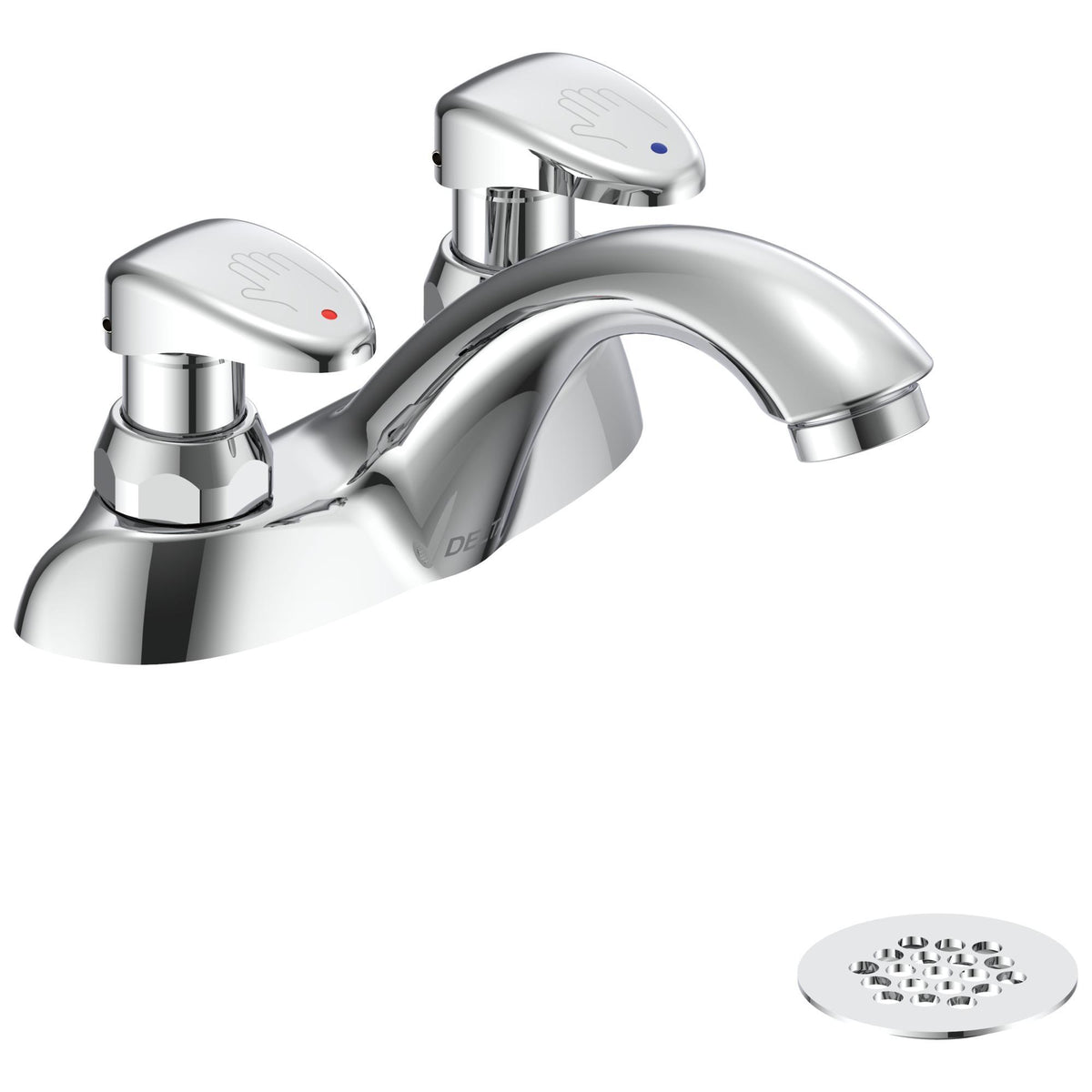 Commercial 86T1093 Metering Mixing Handwash Faucet, TECK®, Polished Chrome, 2 Handles, Open Grid Strainer Drain, 0.35 gpm Flow Rate