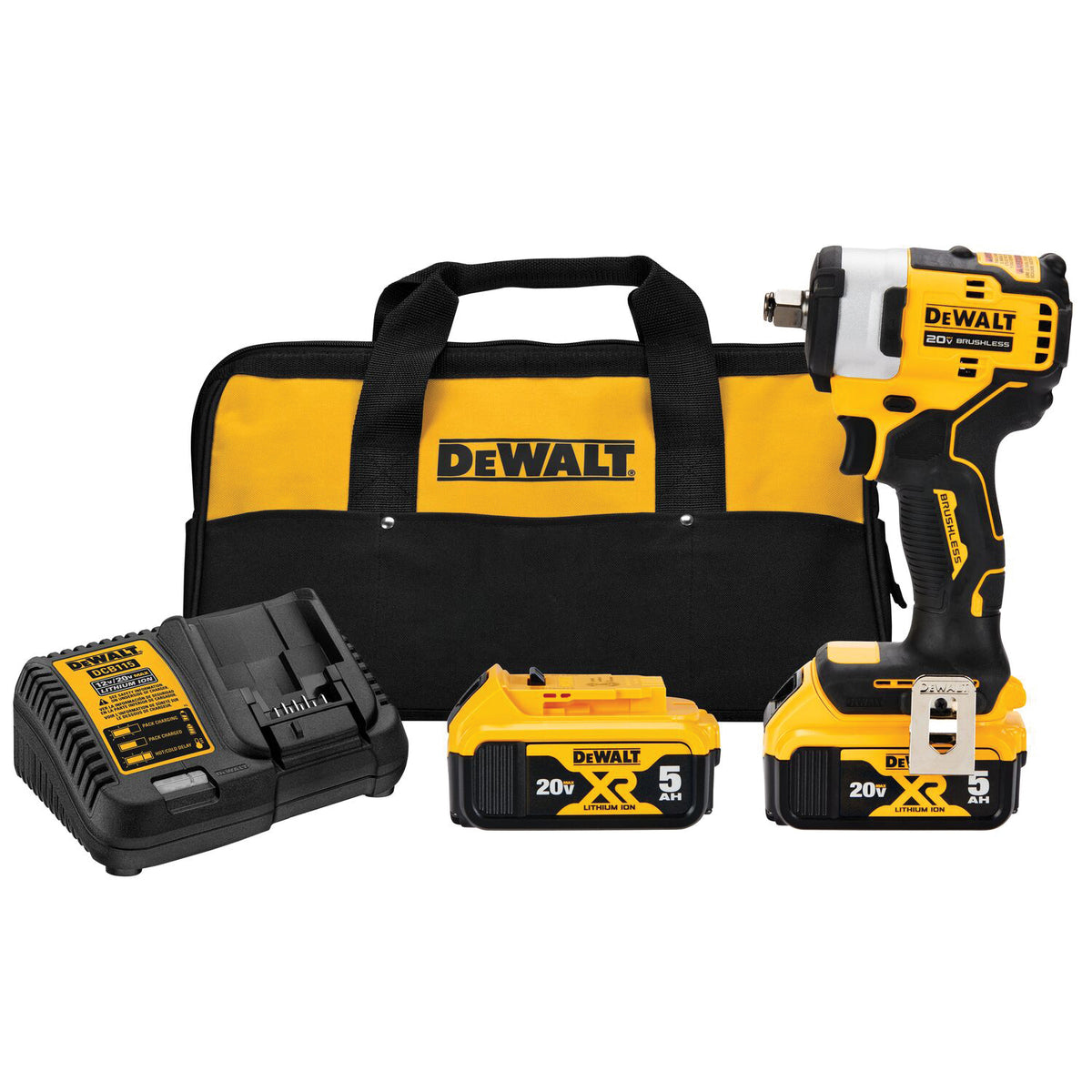 DeWALT® DCF911P2 Compact Cordless Impact Wrench With Hog Ring Anvil Kit, 1/2 in, 3250 ipm, 400 ft-lb Torque, 20 V DC, 5-1/5 in OAL
