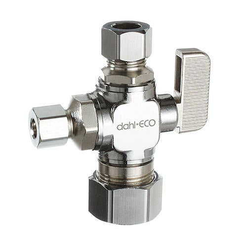 dahl dahal-Eco™ mini-ball™ 511-33-31-30 Dual Outlet Straight Supply Stop Valve, 5/8 x 3/8 x 1/4 in Nominal, Compression End Style, Brass Body, Polished Chrome, Domestic