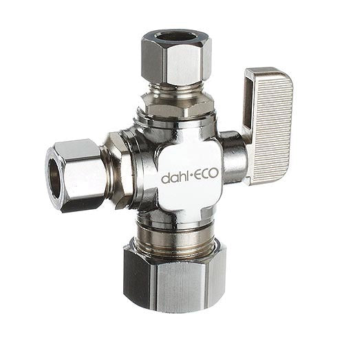 dahl dahal-Eco™ mini-ball™ 511-33-31-31 Dual Outlet Straight Supply Stop Valve, 5/8 x 3/8 x 3/8 in Nominal, Compression End Style, Brass Body, Polished Chrome, Domestic