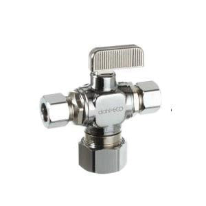dahl dahal-Eco™ mini-ball™ 611-33-31-30 Dual Outlet Angle Stop Valve, 5/8 x 3/8 x 1/4 in Nominal, Compression End Style, 250 psi Pressure, Brass Body, Polished Chrome, Domestic