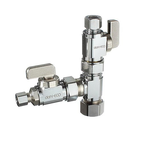dahl dahal-Eco™ UNIVERSAL TEES™ E33-5000 Straight Dual Shut-Off Valve, 5/8 x 3/8 x 1/4 in Nominal, Compression End Style, Brass Body, Polished Chrome, Domestic